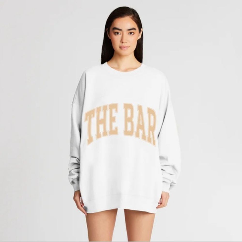 The Bar Varsity White Oversize Sweatshirt with Tan 'THE BAR' Arch Logo